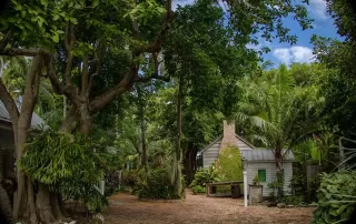 A brick path leads to a small house in the middle of a tropical garden, offering an ideal setting for couples seeking key west wedding packages.