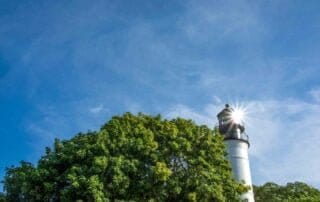 A picturesque lighthouse overlooking lush trees and a radiant blue sky, perfect for unforgettable Key West wedding packages and captured by a skilled Key West wedding photographer.