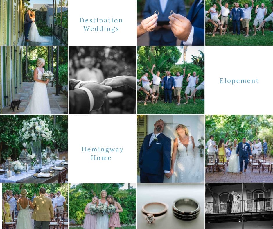 Hemingway Home Weddings, Key West a bride and groom sitting together on a bench in a lush garden setting in Key West
