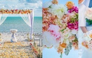 A beach wedding setup with floral arch, scattered petals, and chairs. Close-up shots of various colorful bridal bouquets are shown to the right.